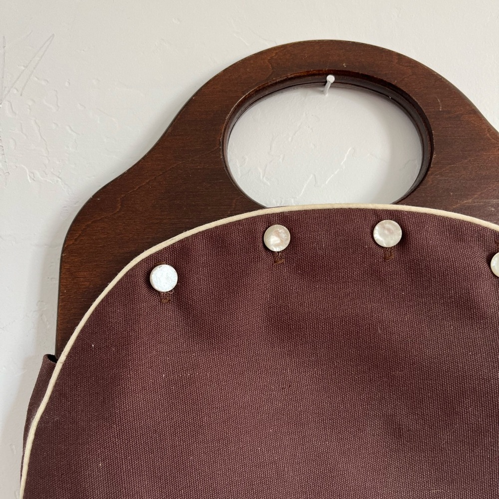 Brown and Cream Women's Tote Bag with Wooden Handles - Picture 4 of 9